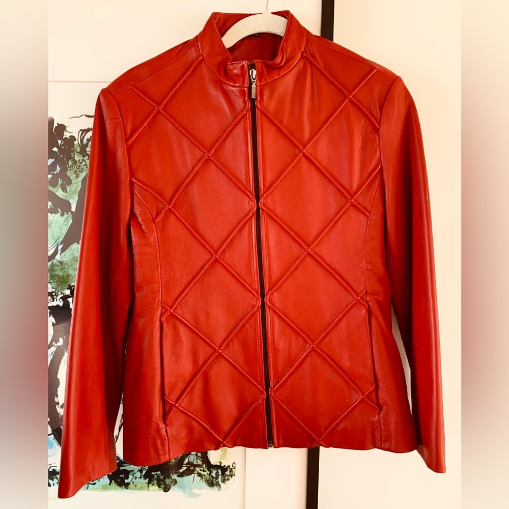 Red Luxurious Leather Cropped Zippered Jacket